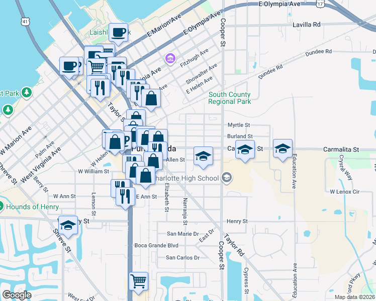 map of restaurants, bars, coffee shops, grocery stores, and more near 401 Carmalita Street in Punta Gorda