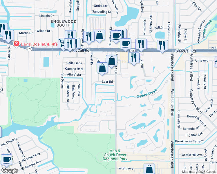 map of restaurants, bars, coffee shops, grocery stores, and more near 2577 Oberon Road in Englewood