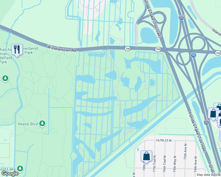 map of restaurants, bars, coffee shops, grocery stores, and more near 106 Carmela Court in Jupiter