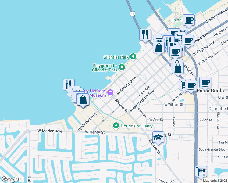 map of restaurants, bars, coffee shops, grocery stores, and more near 155 Sarah Street in Punta Gorda