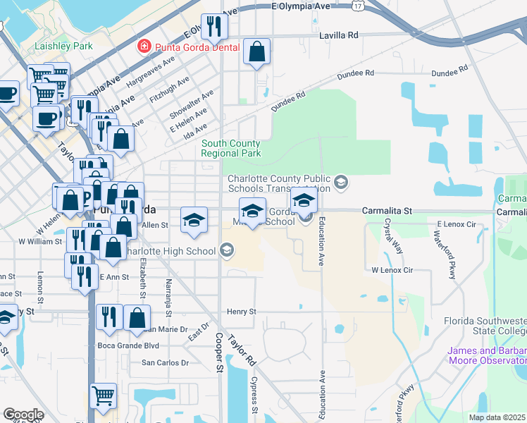map of restaurants, bars, coffee shops, grocery stores, and more near 825 Carmalita Street in Punta Gorda