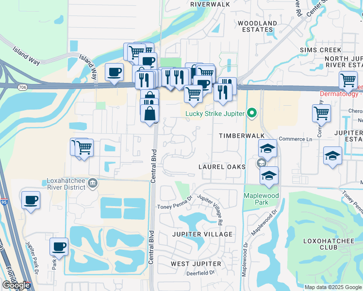 map of restaurants, bars, coffee shops, grocery stores, and more near 6500 Chasewood Drive in Jupiter
