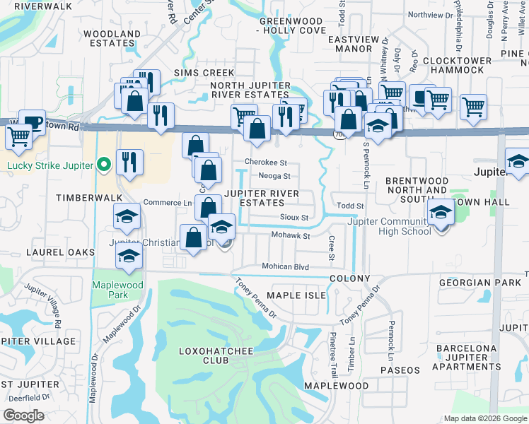 map of restaurants, bars, coffee shops, grocery stores, and more near 1207 Sioux Street in Jupiter