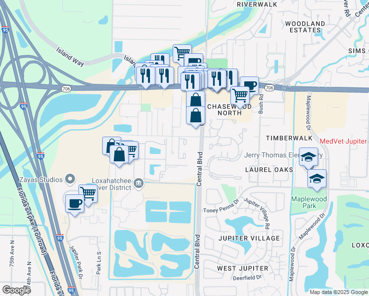 map of restaurants, bars, coffee shops, grocery stores, and more near 6570 Jupiter Gardens Boulevard in Jupiter