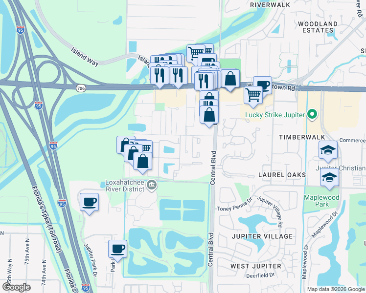 map of restaurants, bars, coffee shops, grocery stores, and more near 3 Mallard Cove Road in Jupiter