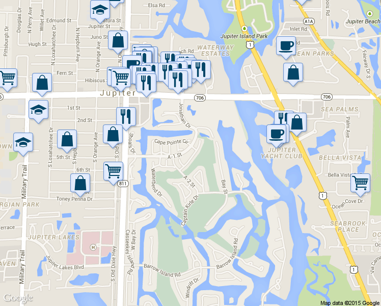 map of restaurants, bars, coffee shops, grocery stores, and more near 3644 Freshwater Drive in Jupiter