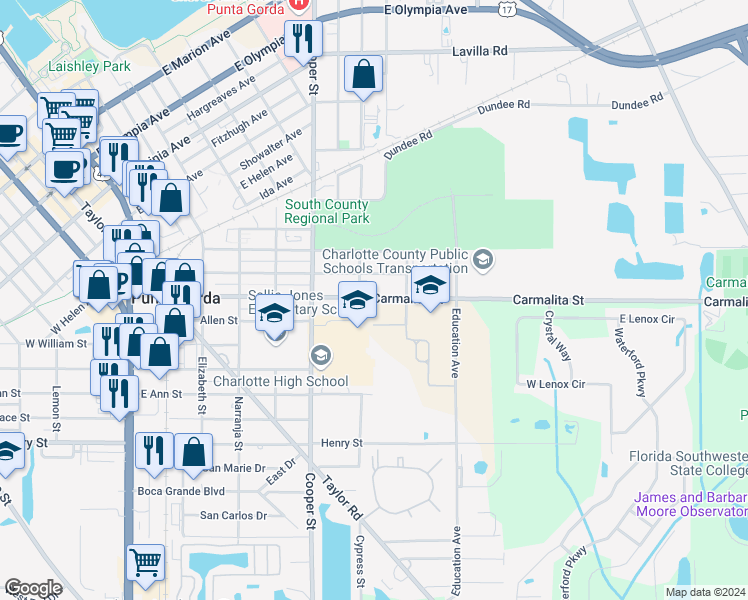 map of restaurants, bars, coffee shops, grocery stores, and more near 825 Carmalita Street in Punta Gorda