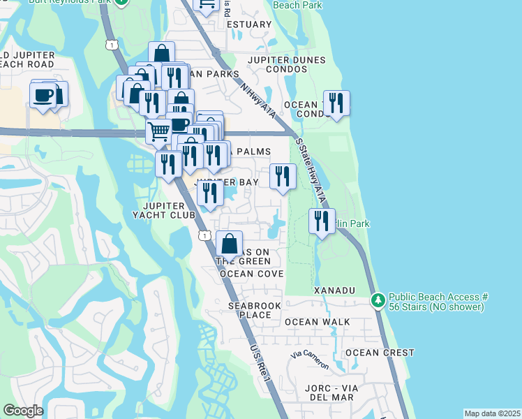 map of restaurants, bars, coffee shops, grocery stores, and more near 4 East Seminole Avenue in Jupiter