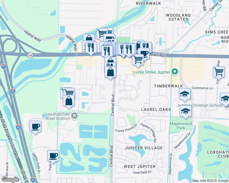 map of restaurants, bars, coffee shops, grocery stores, and more near 485 Central Boulevard in Jupiter