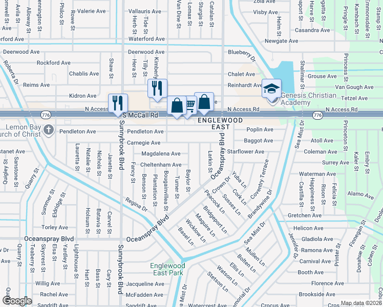 map of restaurants, bars, coffee shops, grocery stores, and more near 7038 Baylor Street in Englewood