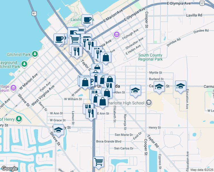 map of restaurants, bars, coffee shops, grocery stores, and more near in Punta Gorda