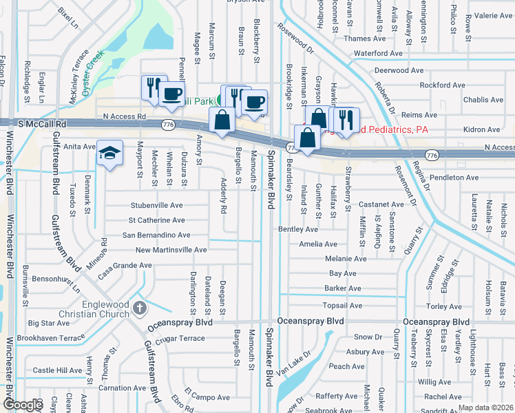 map of restaurants, bars, coffee shops, grocery stores, and more near 7034 Mamouth Street in Englewood