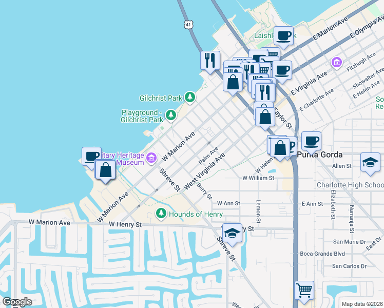 map of restaurants, bars, coffee shops, grocery stores, and more near 711 West Olympia Avenue in Punta Gorda