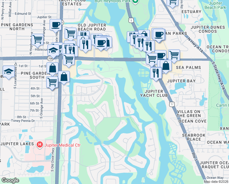 map of restaurants, bars, coffee shops, grocery stores, and more near 17225 Bay Street in Jupiter