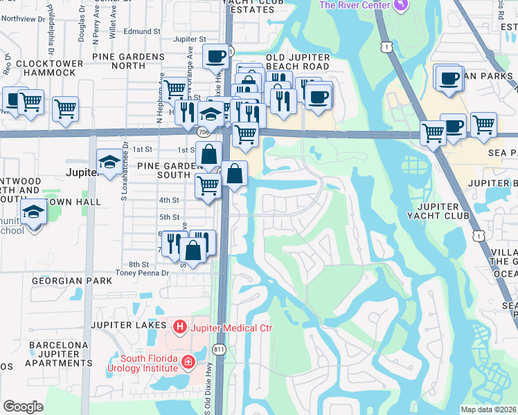 map of restaurants, bars, coffee shops, grocery stores, and more near 3865 Cape Pointe Circle in Jupiter