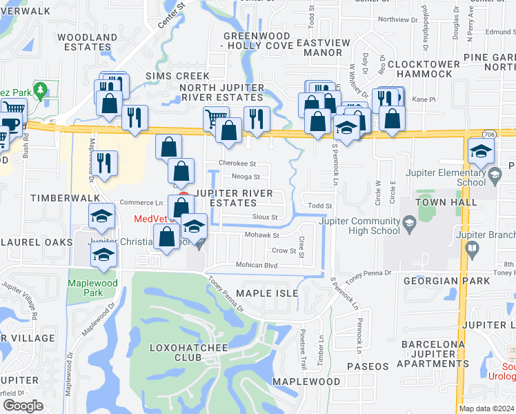 map of restaurants, bars, coffee shops, grocery stores, and more near 1108 Chickasaw Street in Jupiter