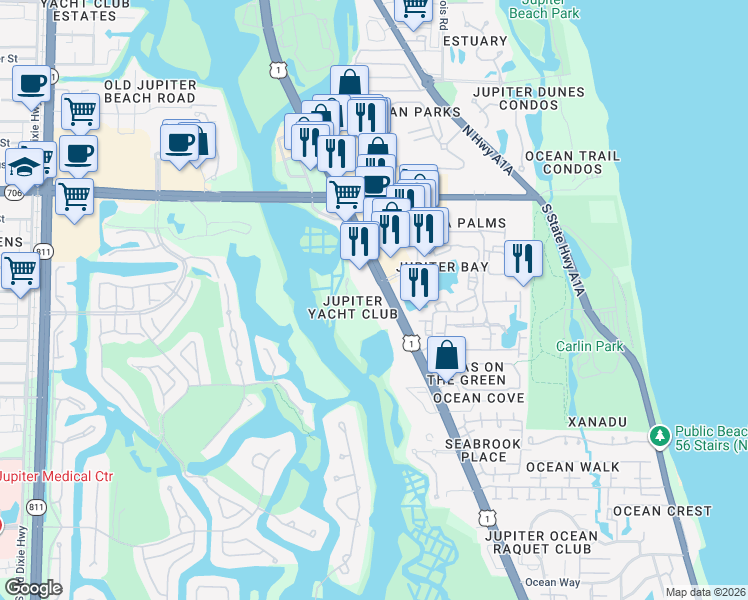 map of restaurants, bars, coffee shops, grocery stores, and more near 500 U.S. 1 in Jupiter