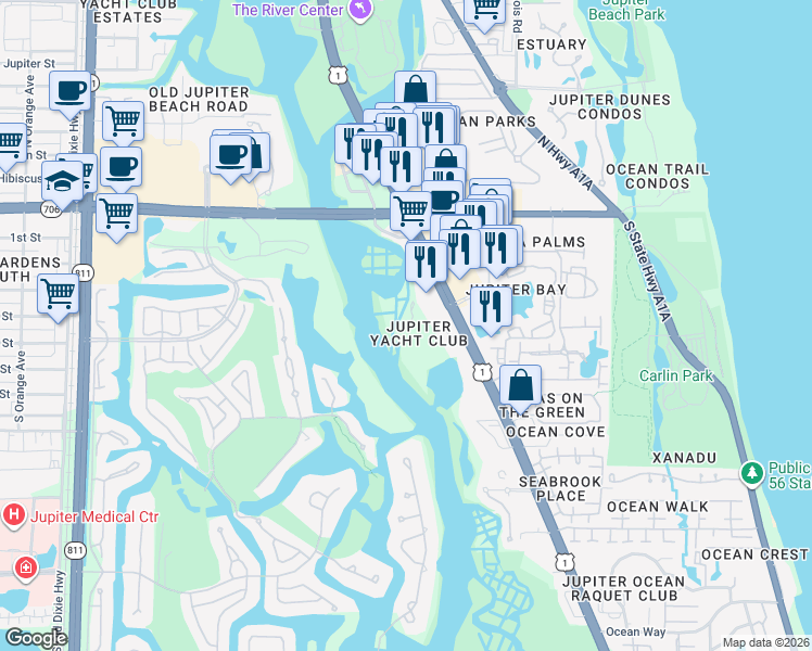 map of restaurants, bars, coffee shops, grocery stores, and more near 340 U.S. 1 in Jupiter