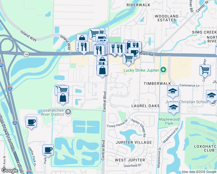 map of restaurants, bars, coffee shops, grocery stores, and more near 485 Central Boulevard in Jupiter