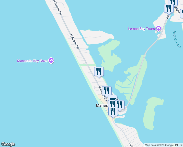 map of restaurants, bars, coffee shops, grocery stores, and more near 2420 North Beach Road in Englewood