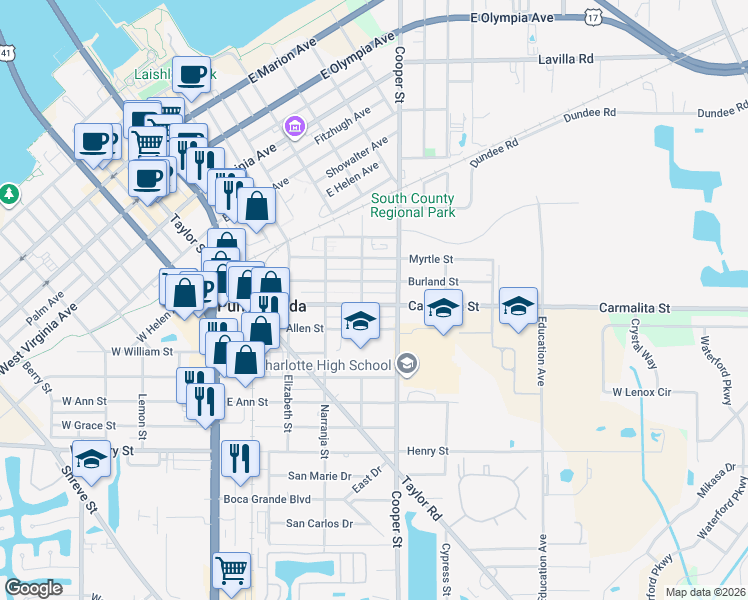map of restaurants, bars, coffee shops, grocery stores, and more near 510 Carmalita Street in Punta Gorda