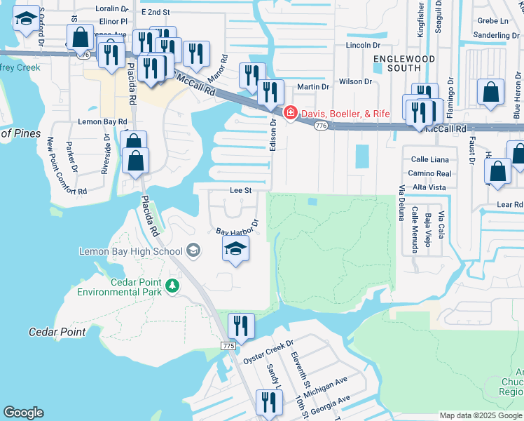 map of restaurants, bars, coffee shops, grocery stores, and more near 1075 Bay Harbor Drive in Englewood