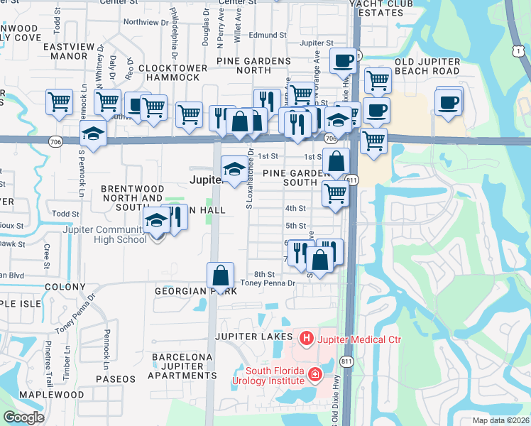 map of restaurants, bars, coffee shops, grocery stores, and more near 307 5th Street in Jupiter