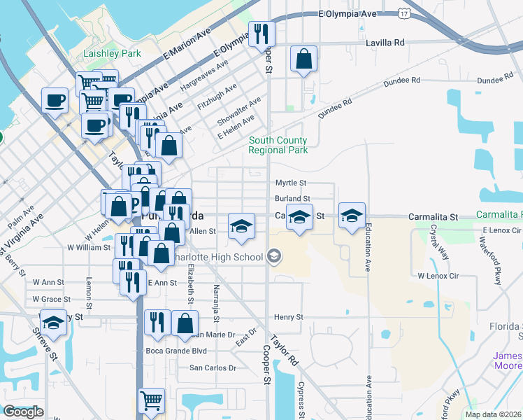 map of restaurants, bars, coffee shops, grocery stores, and more near 1005 Cooper Street in Punta Gorda