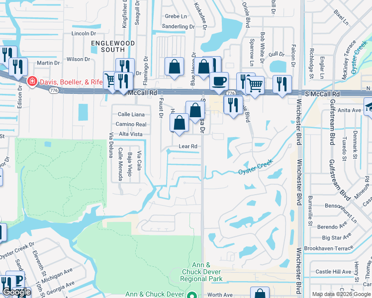 map of restaurants, bars, coffee shops, grocery stores, and more near 2577 Oberon Road in Englewood