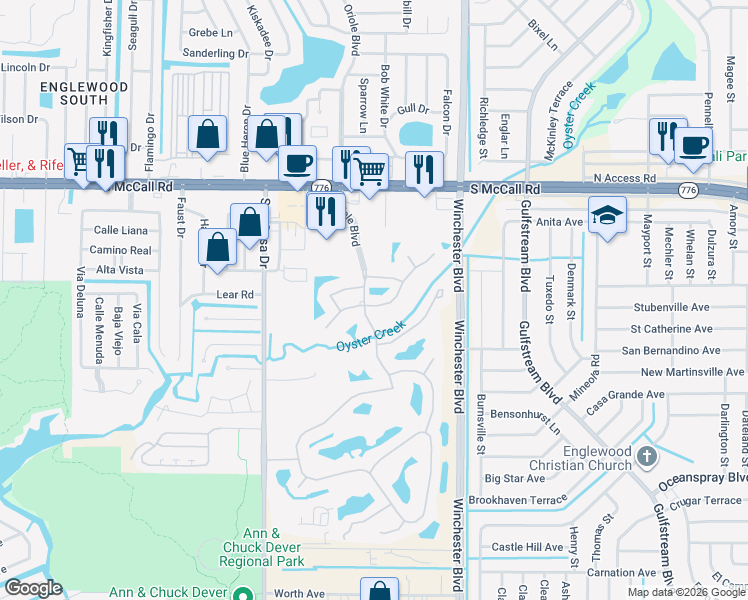 map of restaurants, bars, coffee shops, grocery stores, and more near 8419 Creekview Lane in Englewood