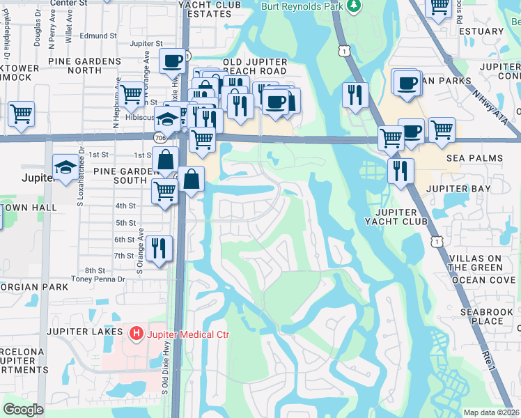 map of restaurants, bars, coffee shops, grocery stores, and more near 3648 Freshwater Drive in Jupiter