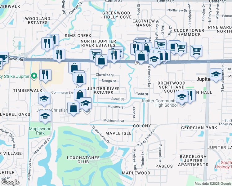 map of restaurants, bars, coffee shops, grocery stores, and more near 1108 Chickasaw Street in Jupiter