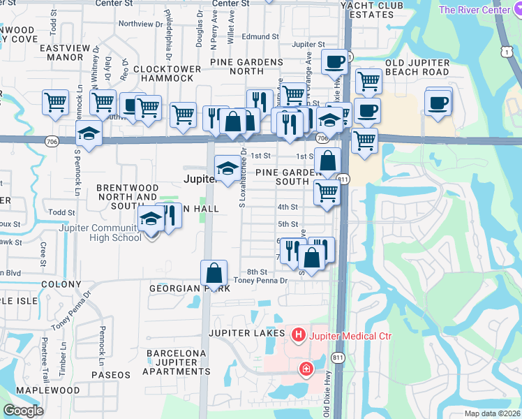 map of restaurants, bars, coffee shops, grocery stores, and more near 307 5th Street in Jupiter