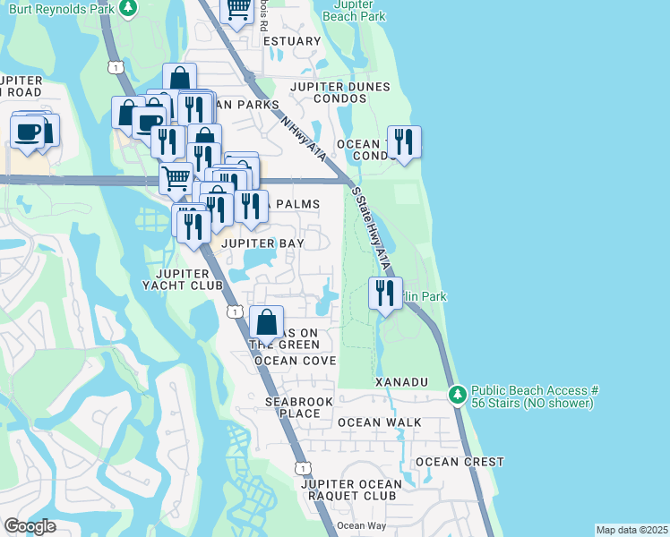map of restaurants, bars, coffee shops, grocery stores, and more near 460 Bella Vista Court North in Jupiter