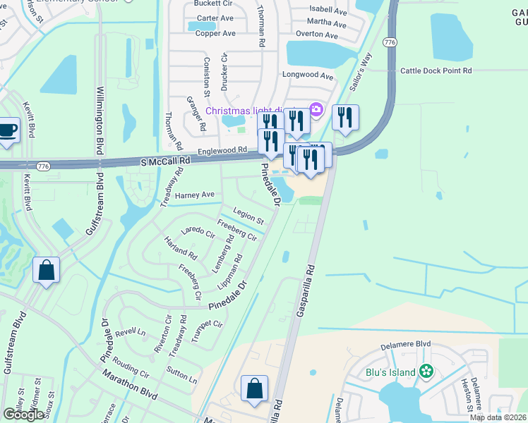map of restaurants, bars, coffee shops, grocery stores, and more near 7075 Legion Street in Port Charlotte