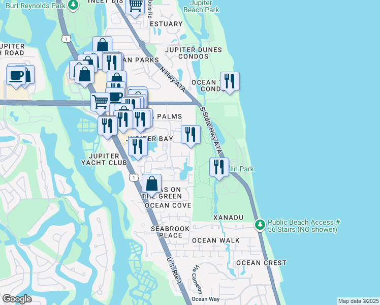 map of restaurants, bars, coffee shops, grocery stores, and more near 460 Bella Vista Court North in Jupiter