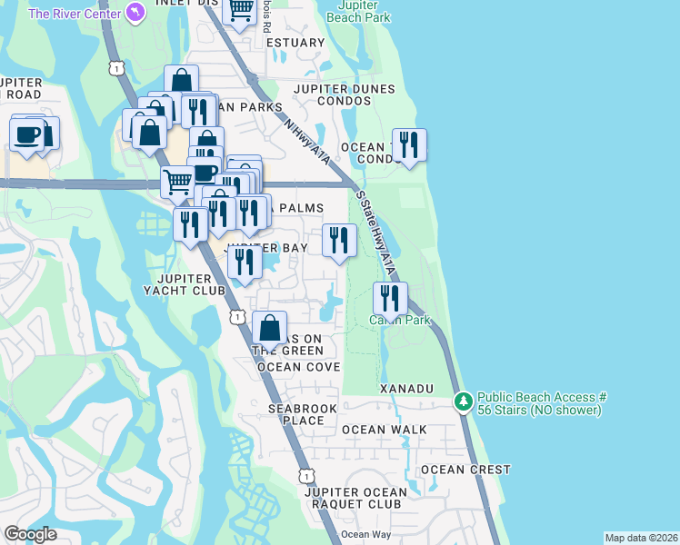 map of restaurants, bars, coffee shops, grocery stores, and more near 460 Bella Vista Court North in Jupiter