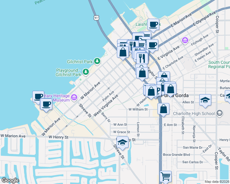 map of restaurants, bars, coffee shops, grocery stores, and more near 521 West Virginia Avenue in Punta Gorda