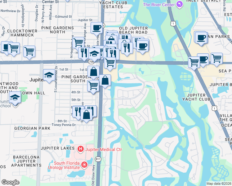 map of restaurants, bars, coffee shops, grocery stores, and more near 3847 Cape Pointe Circle in Jupiter
