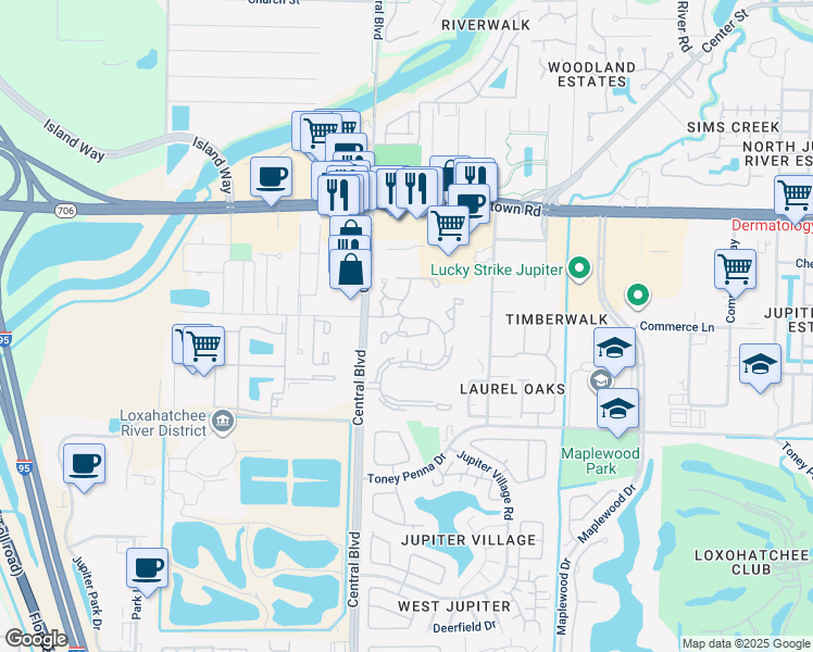 map of restaurants, bars, coffee shops, grocery stores, and more near 6436 Chasewood Drive in Jupiter
