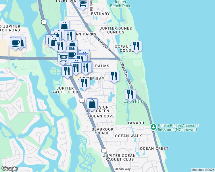map of restaurants, bars, coffee shops, grocery stores, and more near 4 East Seminole Avenue in Jupiter