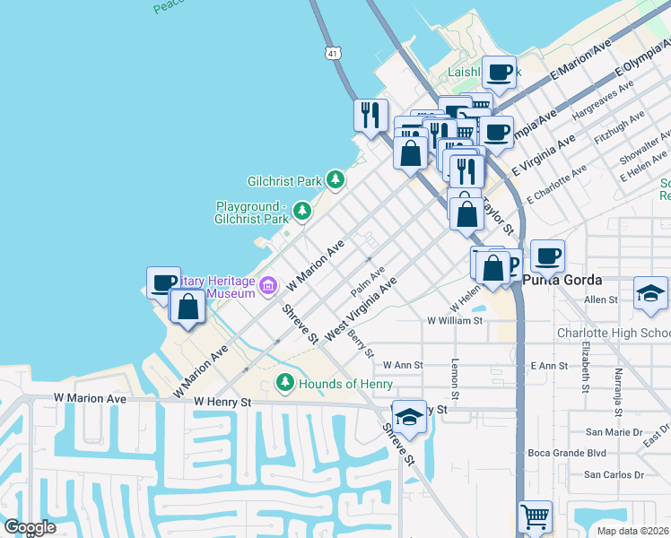 map of restaurants, bars, coffee shops, grocery stores, and more near 244 Chasteen Street in Punta Gorda