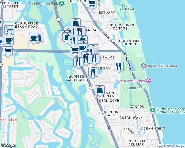 map of restaurants, bars, coffee shops, grocery stores, and more near 353 U.S. 1 in Jupiter