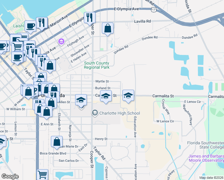 map of restaurants, bars, coffee shops, grocery stores, and more near 810 Burland Street in Punta Gorda