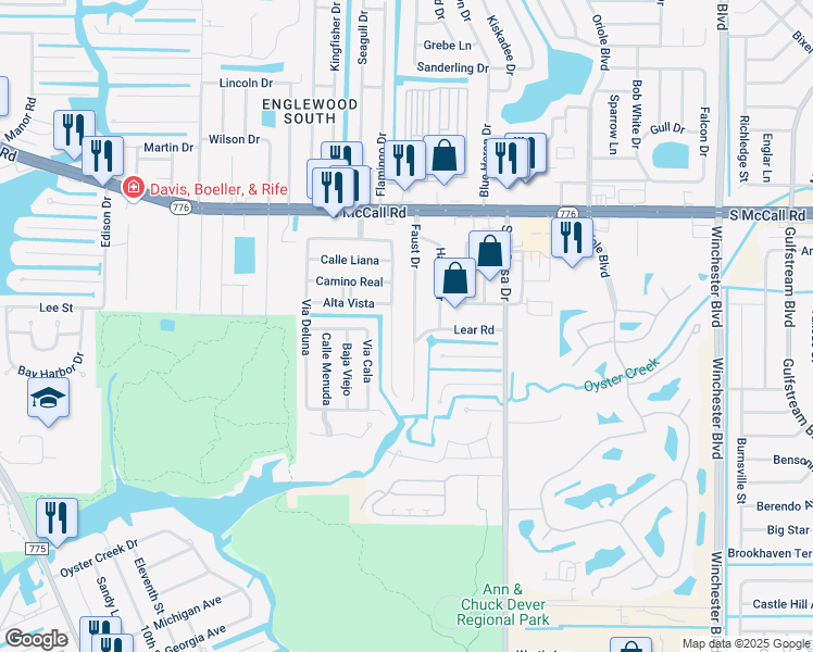 map of restaurants, bars, coffee shops, grocery stores, and more near 1740 Faust Drive in Englewood