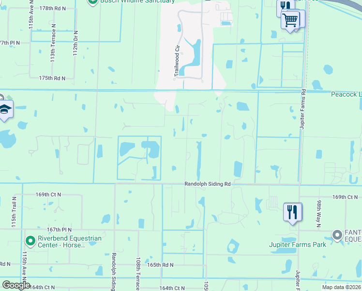 map of restaurants, bars, coffee shops, grocery stores, and more near 17187 Wildwood Road in Jupiter