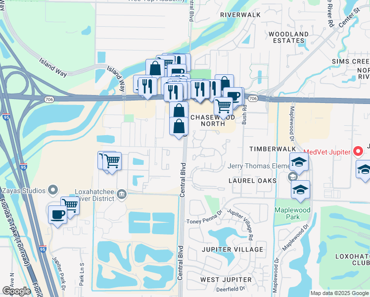 map of restaurants, bars, coffee shops, grocery stores, and more near in Jupiter