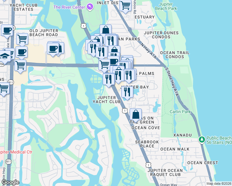 map of restaurants, bars, coffee shops, grocery stores, and more near 354 U.S. 1 in Jupiter