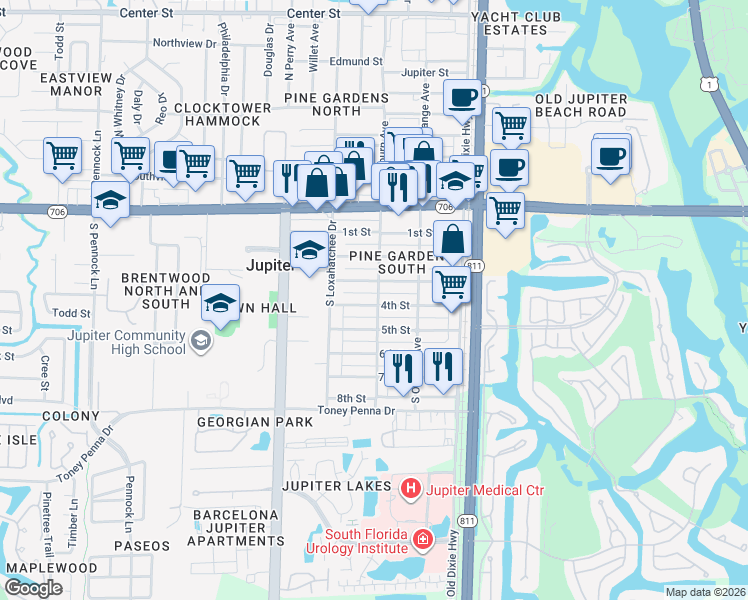 map of restaurants, bars, coffee shops, grocery stores, and more near 301 4th Street in Jupiter