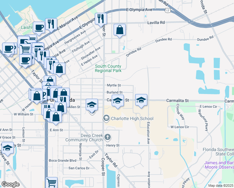 map of restaurants, bars, coffee shops, grocery stores, and more near 741 Burland Street in Punta Gorda